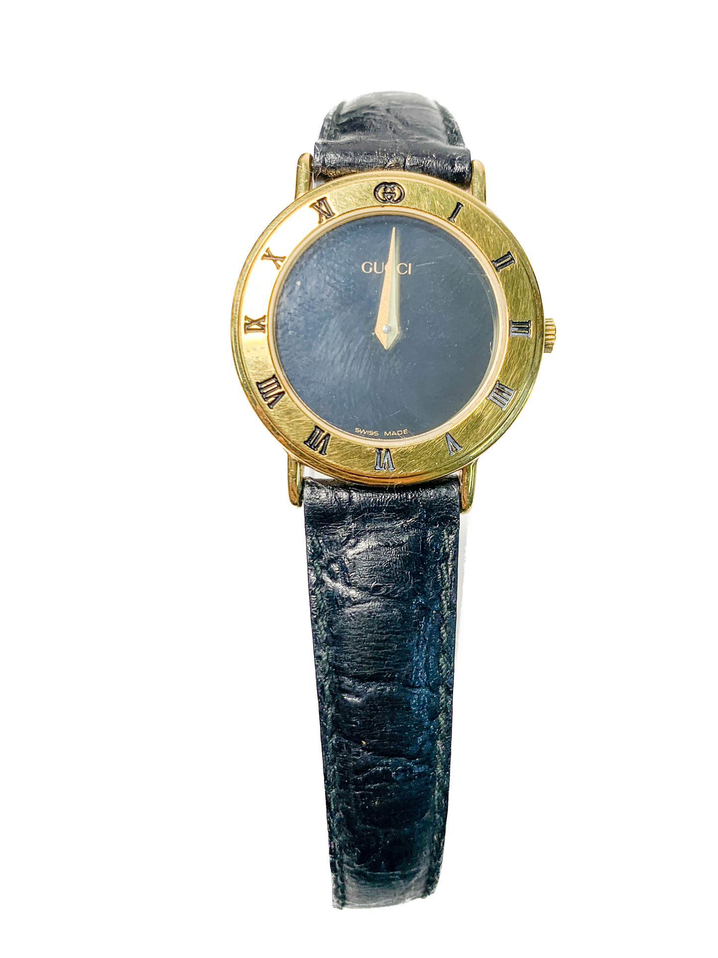 Rare Women Gucci Gold tone black leather watch - 210224
