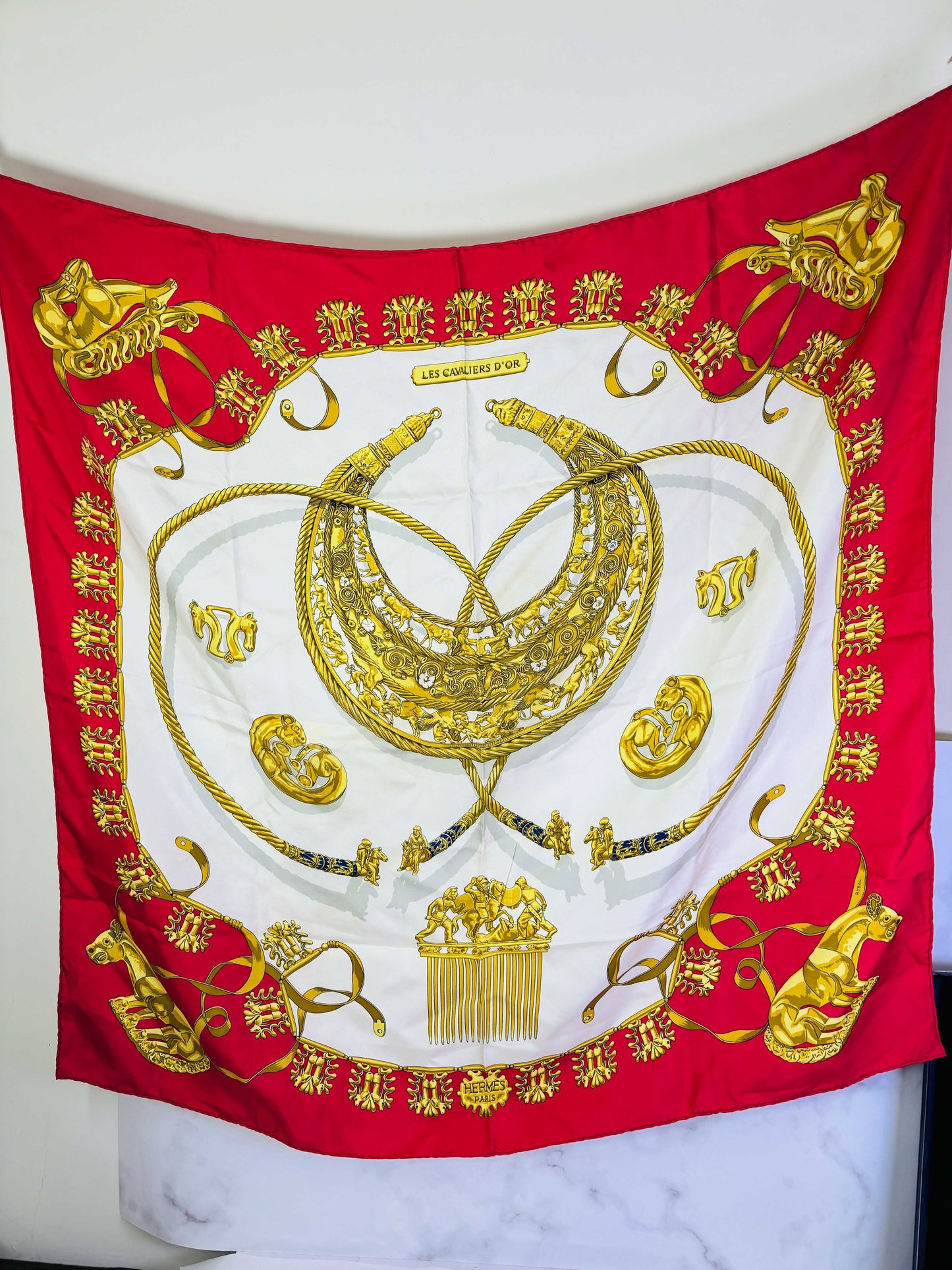 Auth Hermes Scarf Silk Red Cavliers 90 x 90cm - 070524