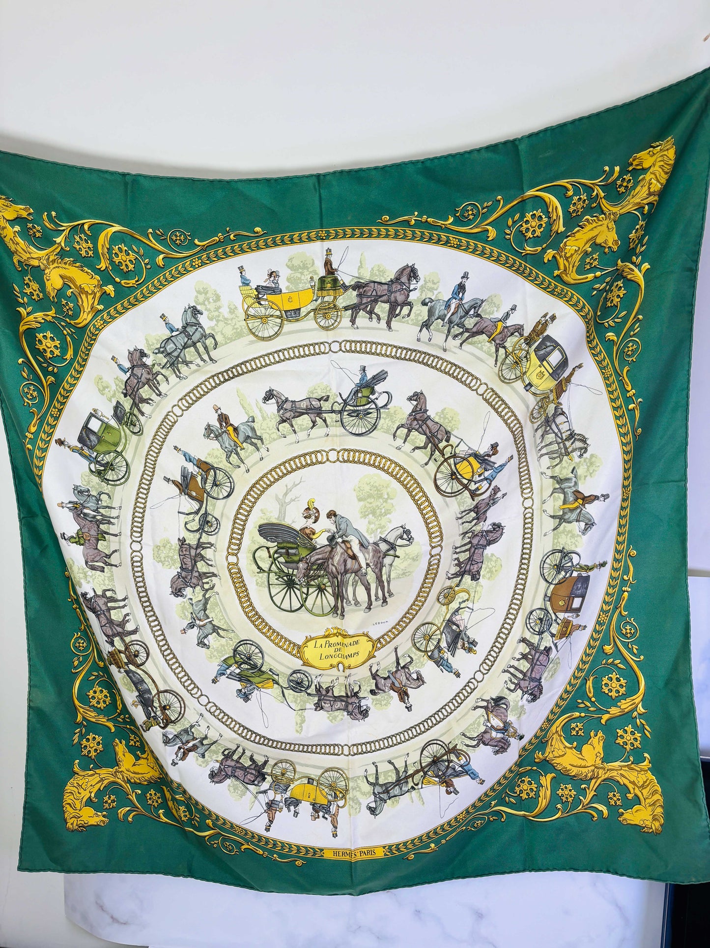 Auth Hermes Scarf Silk Green Long Champs 90 x 90cm - 070524