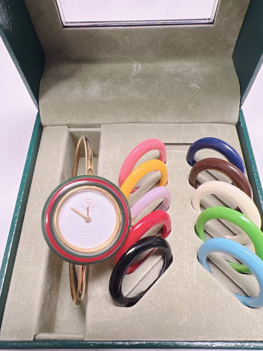 140825-22 Auth Gucci Change Bezel Colors Gold Dial Watch