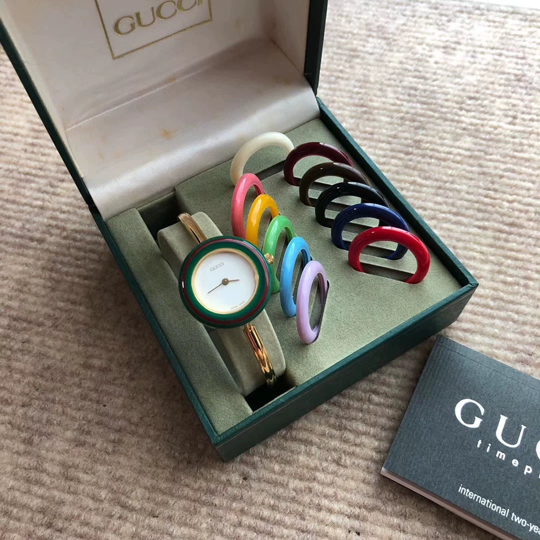 140825-20 Auth Gucci Change Bezel 12 Colors Gold Dial Watch