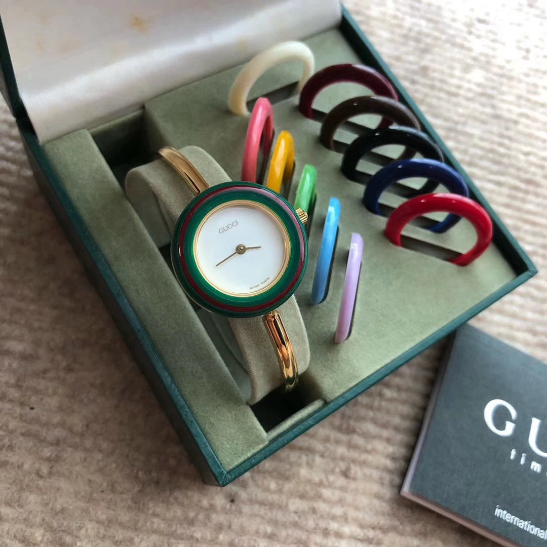 140825-20 Auth Gucci Change Bezel 12 Colors Gold Dial Watch