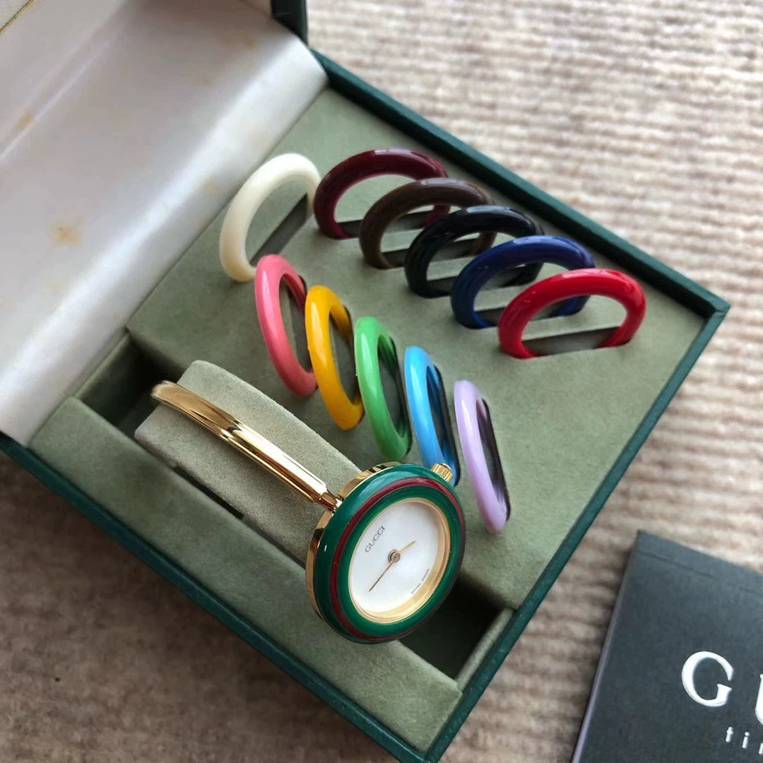 140825-20 Auth Gucci Change Bezel 12 Colors Gold Dial Watch