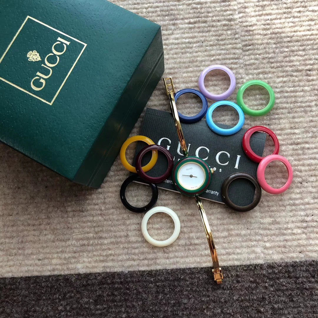 140825-20 Auth Gucci Change Bezel 12 Colors Gold Dial Watch