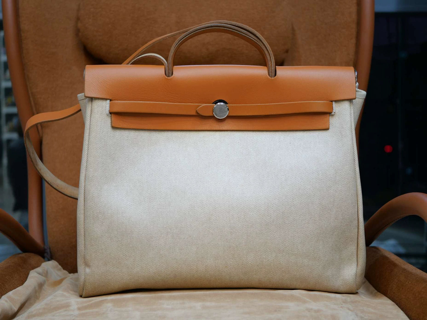 Jun25-bag-53 Auth Hermes Herbag 39 MM canvas Tote handbag shoulder bag