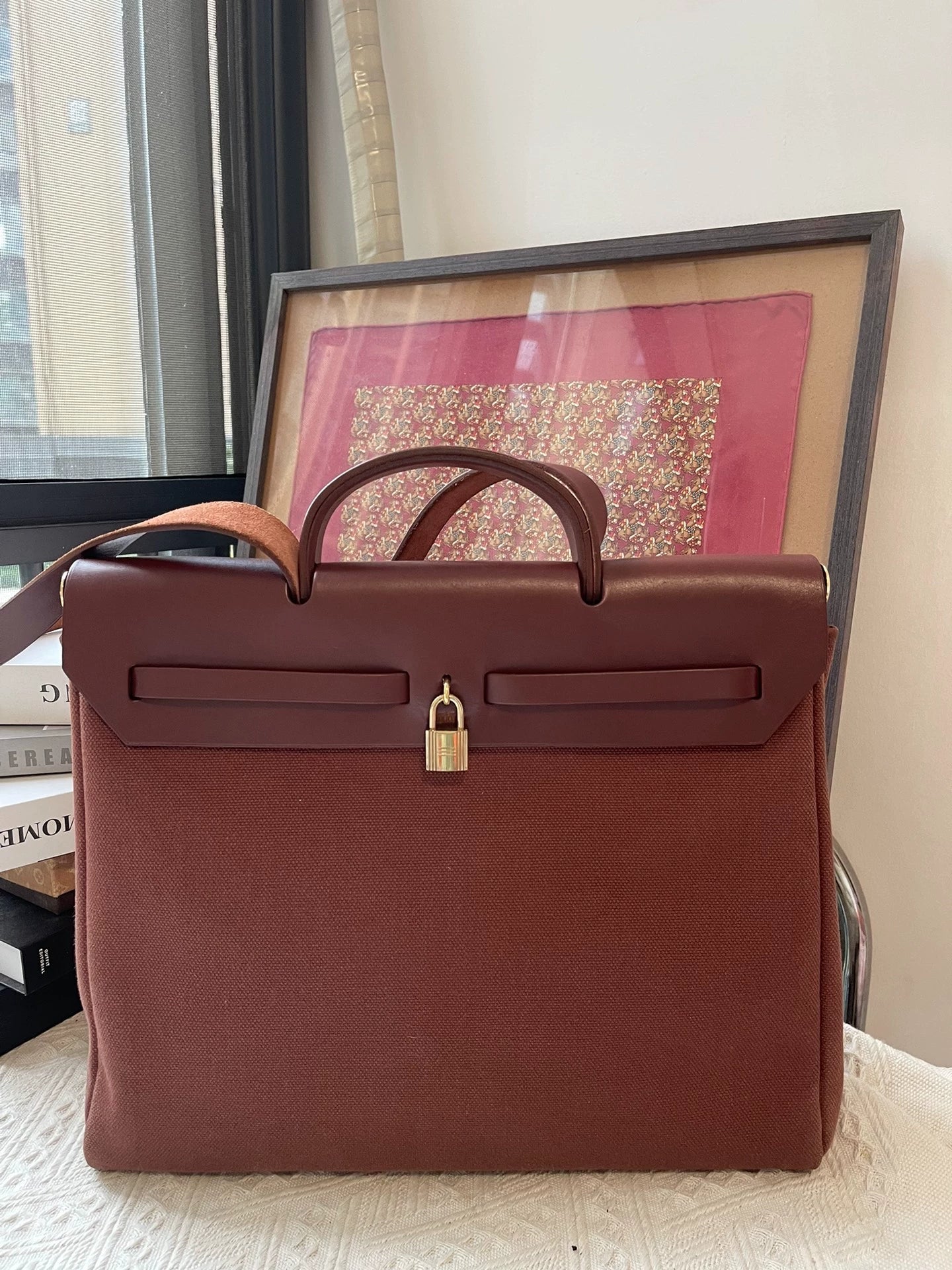 Jun25-bag-41 Auth Hermes Herbag 39 MM canvas Tote handbag shoulder bag