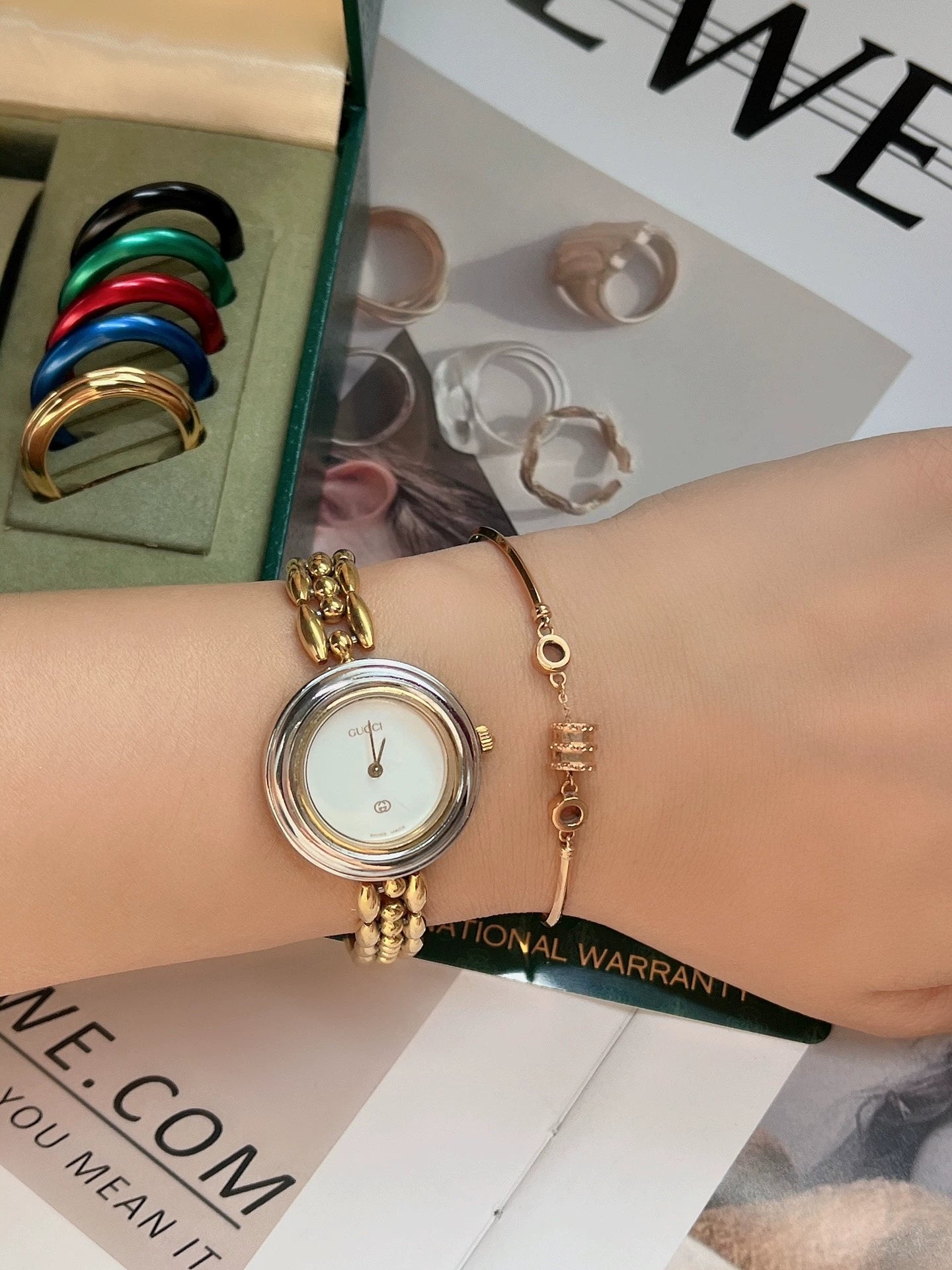 Jun25-bag-43 Auth Gucci Change Bezel 12 Colors Gold Dial Watch