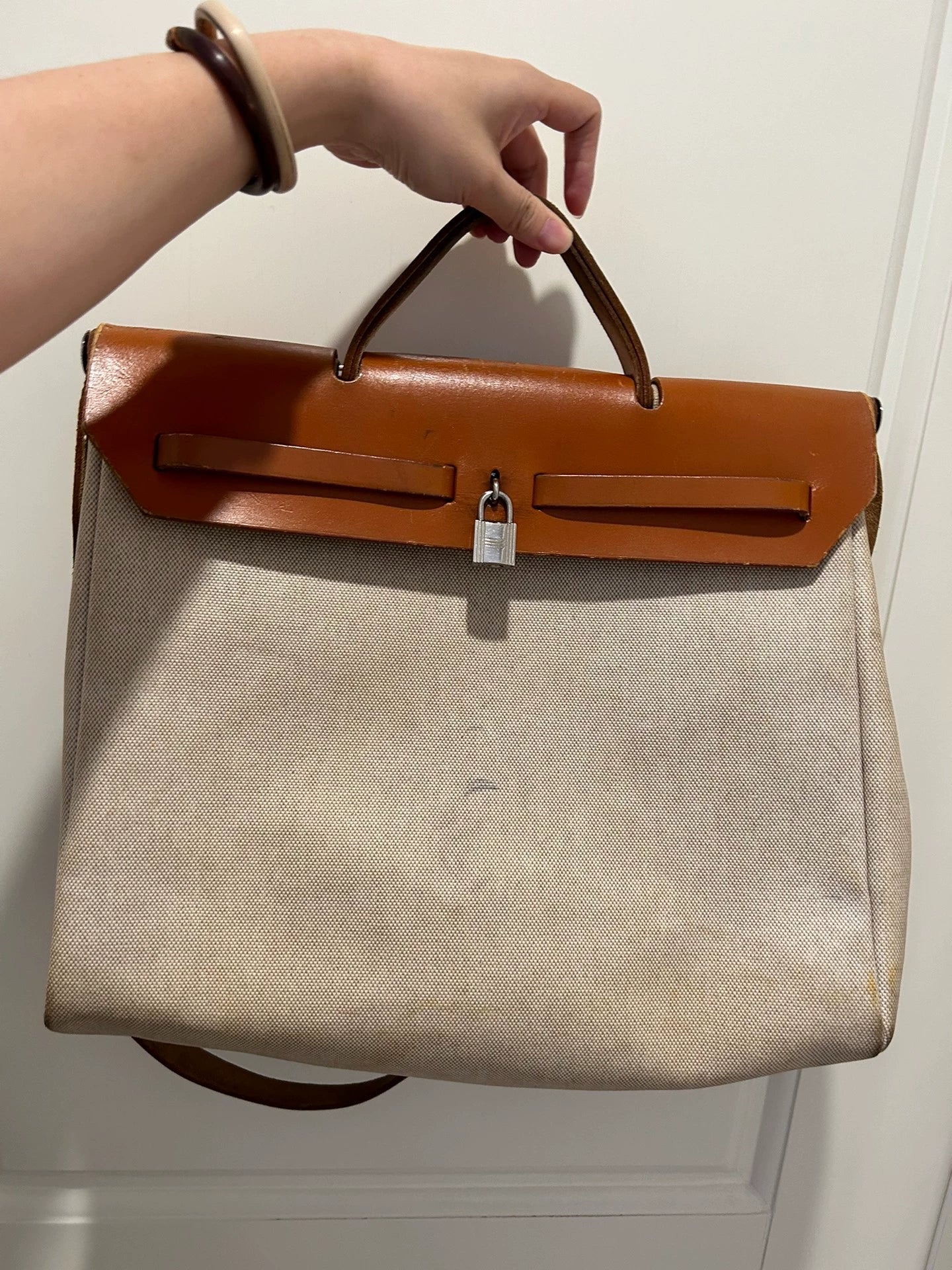 Jun25-bag-51 Auth Hermes Herbag 39 MM canvas Tote handbag shoulder bag