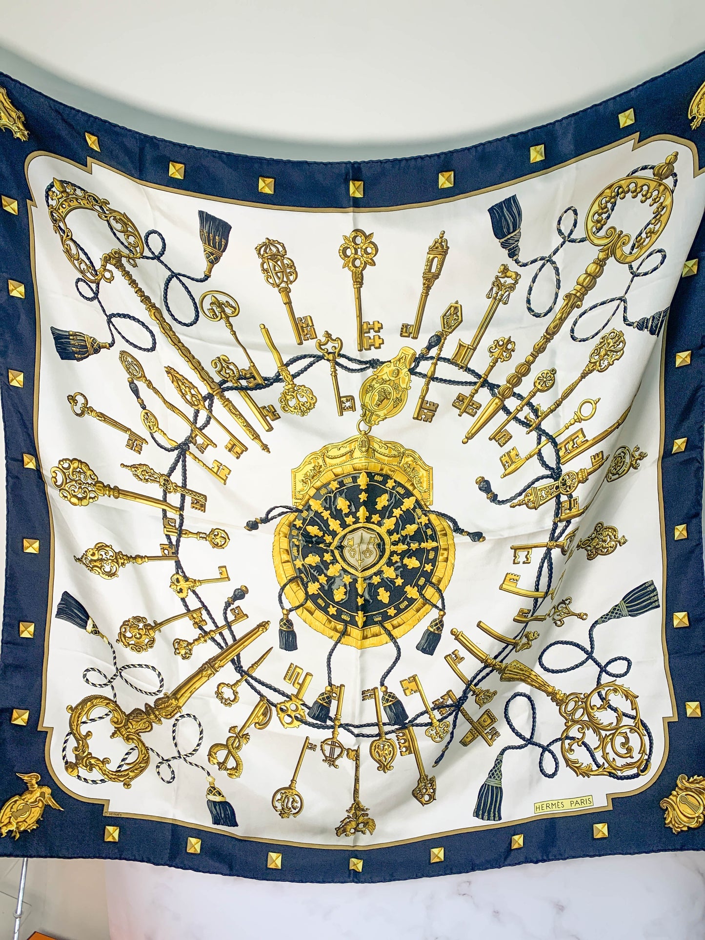 Rare Auth Hermes silk scarf key navy 35" x 35" - 220224