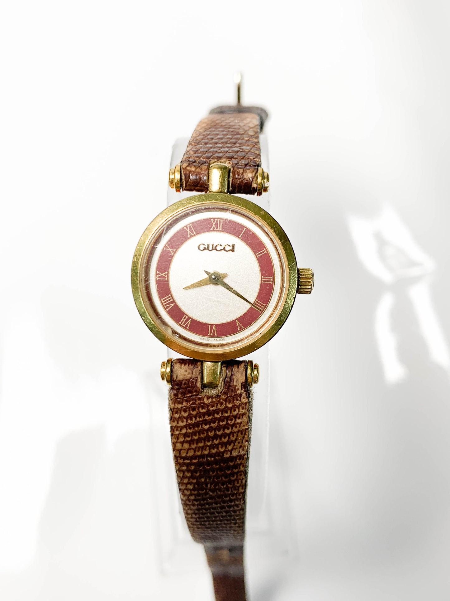 Rare Women Gucci Gold tone brown leather watch - 210224