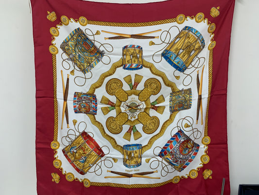 Les Tambours dark red silk hermes scarf 90 x 90cm - 22OCT22