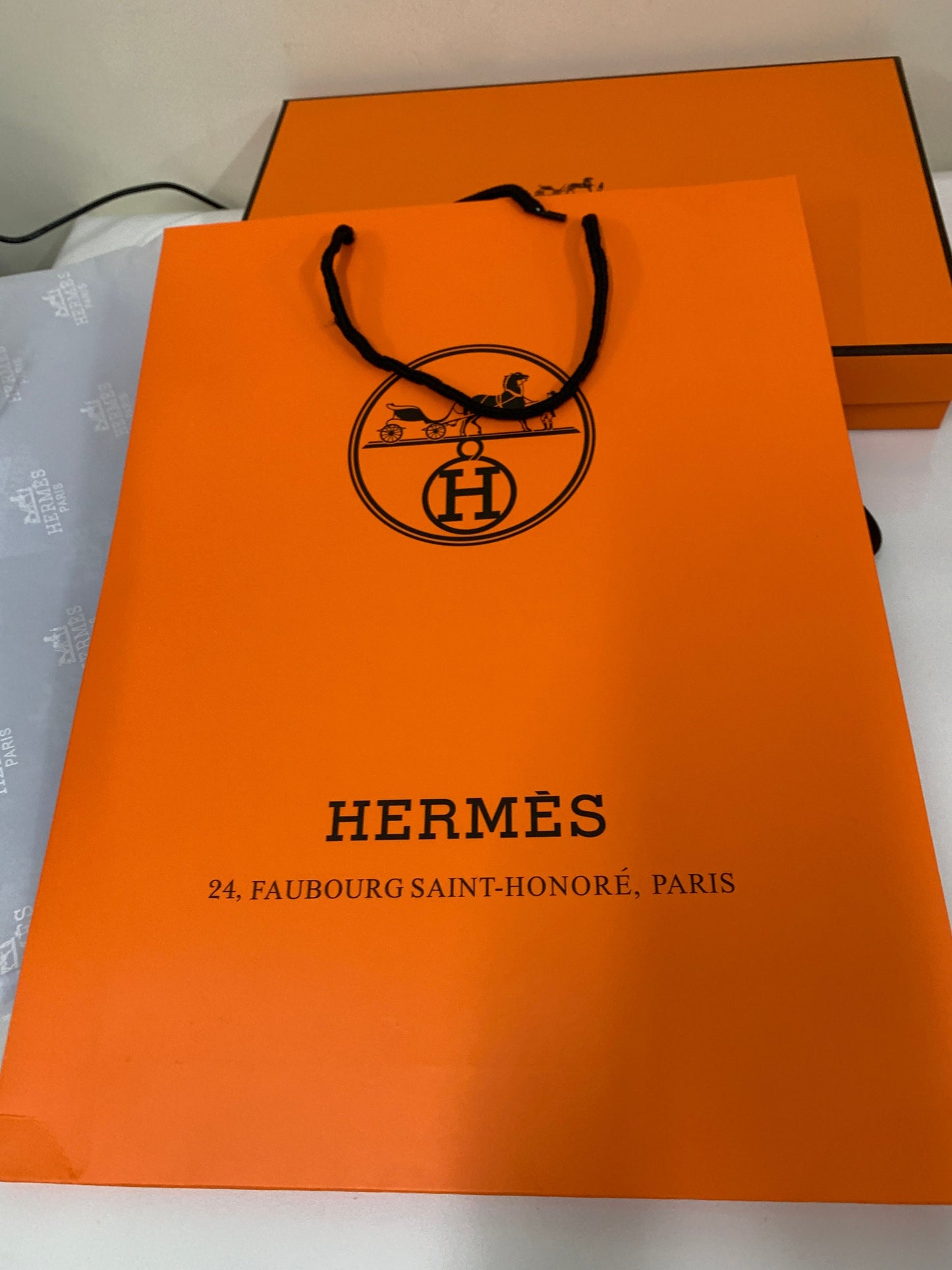 Hermes Paris Gift Box with paper bag ribbon 33W x 22H x 4 D