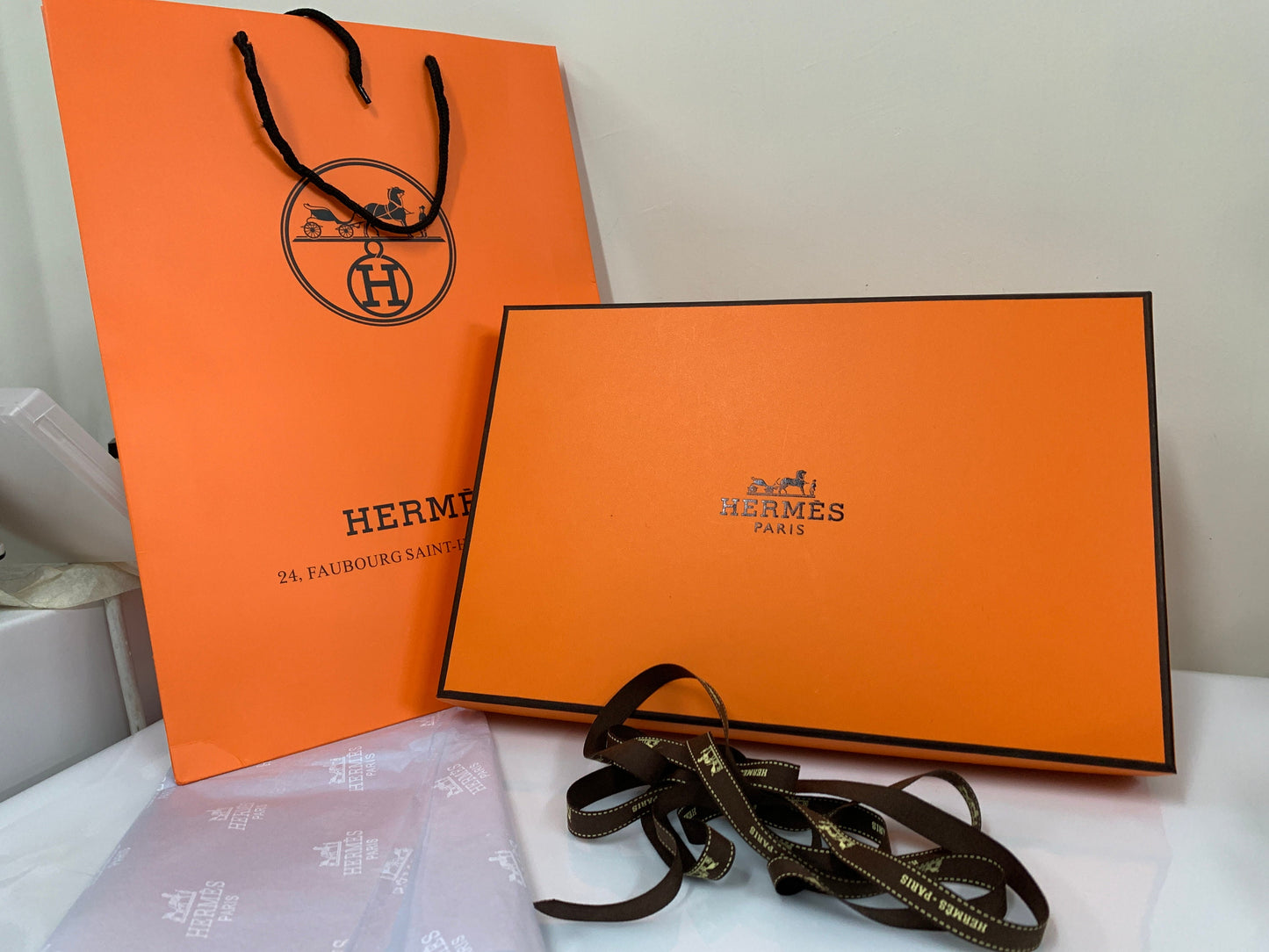 Hermes Paris Gift Box with paper bag ribbon 33W x 22H x 4 D