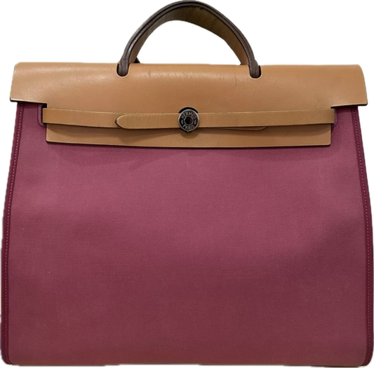 Hermes herbag 39 handbag bag canvas, golden brown & rose red, silver buckle