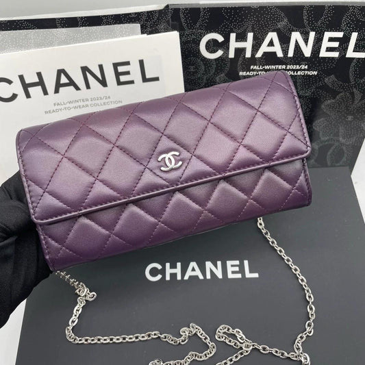 220824-4 CHANEL Chanel CF grape Purple sheepskin flip wallet