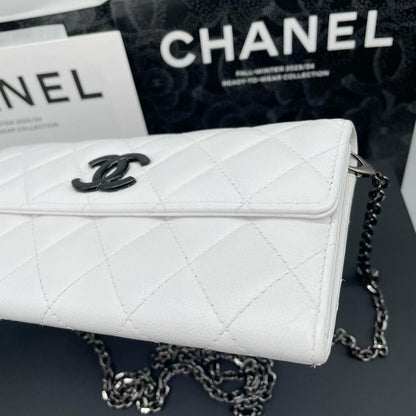 220824-5 CHANEL Chanel CF black and white lychee cowhide flip wallet