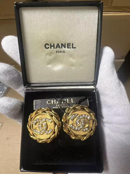 220824-9 Auth Chanel rhinestone double C gold tone Earrings