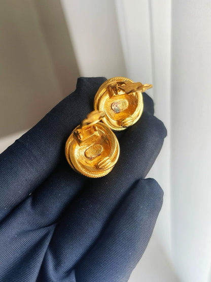 220824-11 Auth CHANEL VINTAGE  Middle Golden Double gold tone Earrings