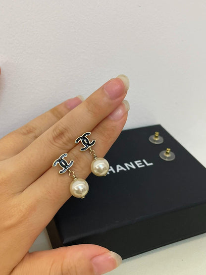 220824-21 Auth CHANEL Black and White Double C Pearl Gold Tone Earrings