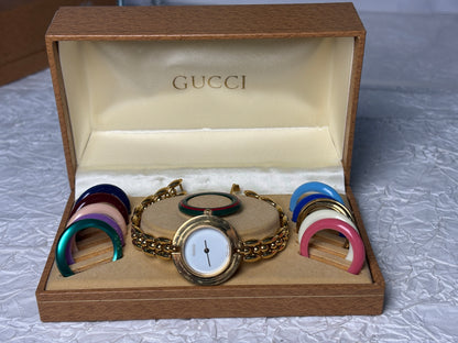 Auth Gucci Change Bezel 11 Colors Gold Dial Watch 070125-2