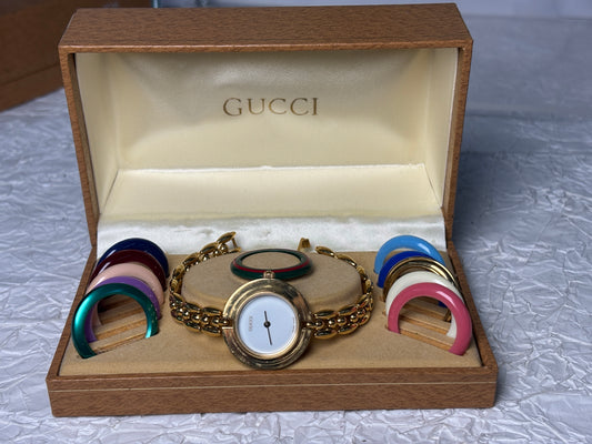 Auth Gucci Change Bezel 11 Colors Gold Dial Watch 070125-2