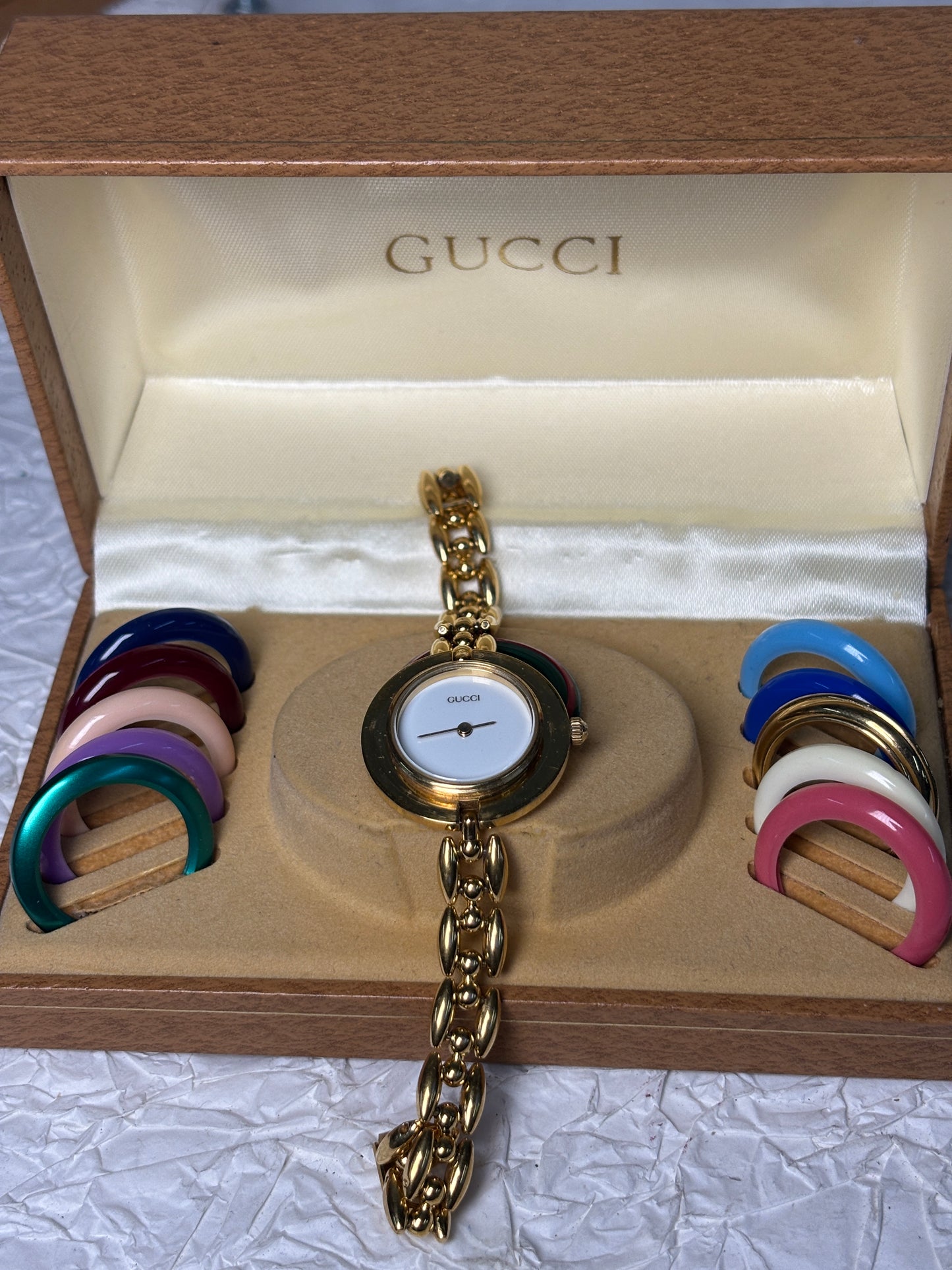 Auth Gucci Change Bezel 11 Colors Gold Dial Watch 070125-2