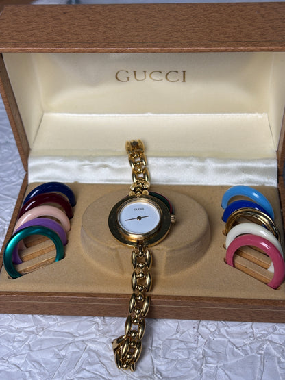 Auth Gucci Change Bezel 11 Colors Gold Dial Watch 070125-2