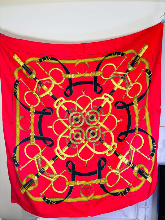 Auth Hermes Scarf Silk Red 90 x 90cm Good cond - 070524