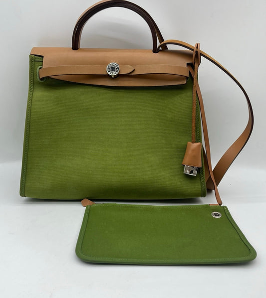 Hermes herbag 31 handbag bag canvas orange and green handbag shoulder bag