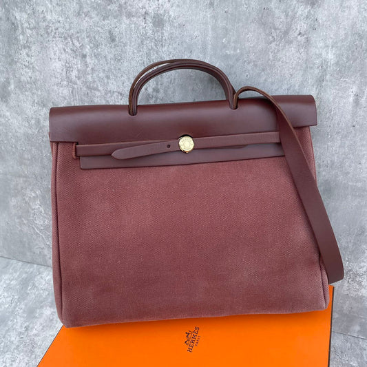 Hermes herbag 39 canvas, golden brown handbag shoulder bag