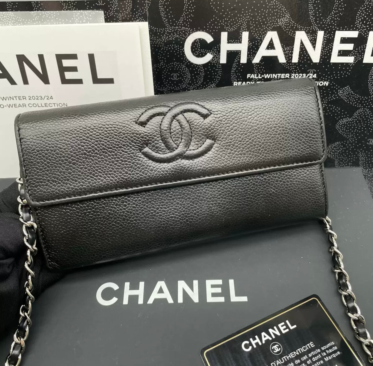 Auth Chanel CF black sheepskin flap wallet bag