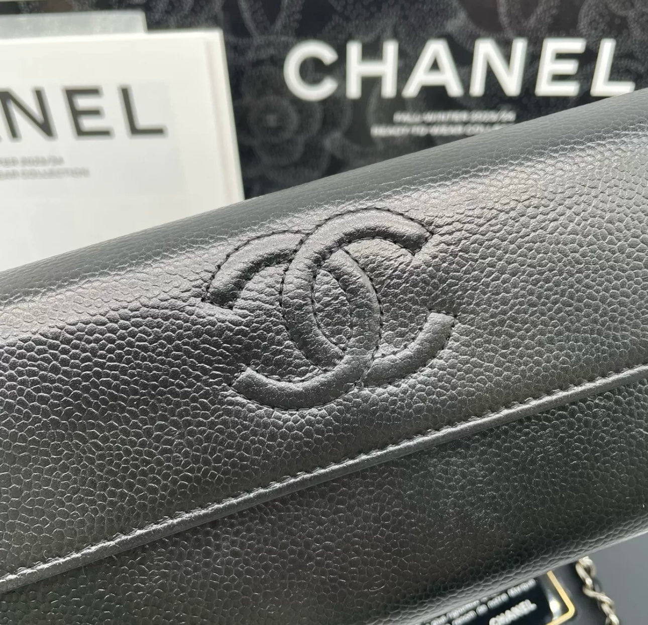 Auth Chanel CF black sheepskin flap wallet bag