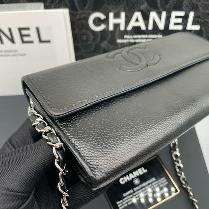 Auth Chanel CF black sheepskin flap wallet bag