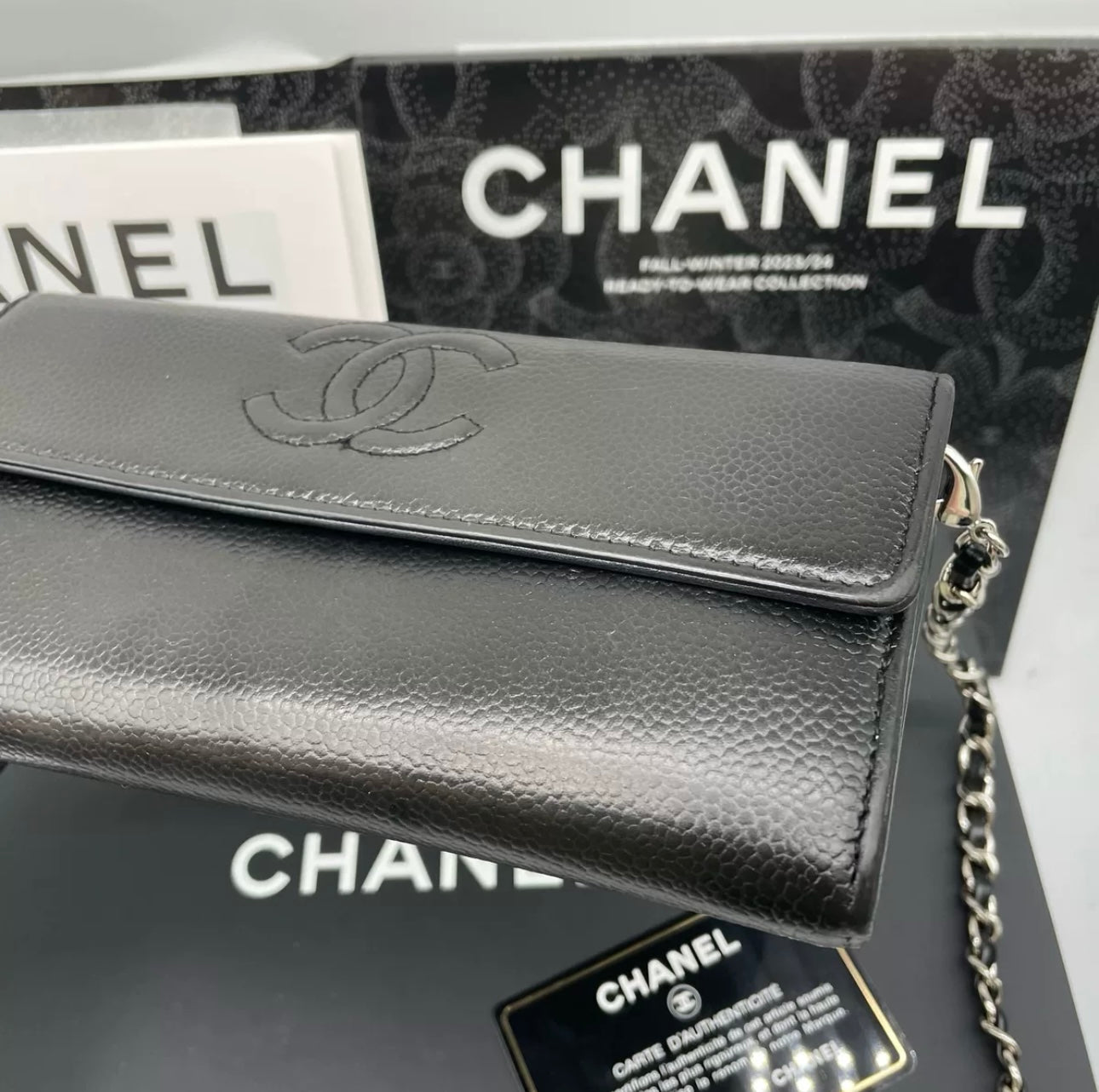 Auth Chanel CF black sheepskin flap wallet bag