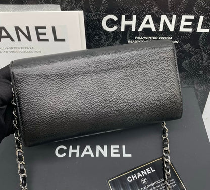 Auth Chanel CF black sheepskin flap wallet bag