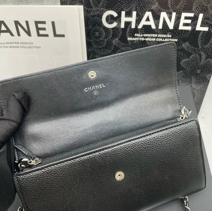 Auth Chanel CF black sheepskin flap wallet bag