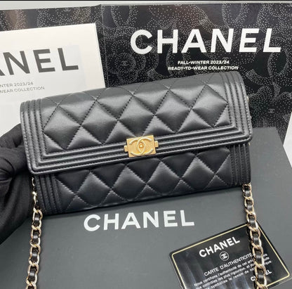 Auth Chanel CF black and gold sheepskin flap wallet bag