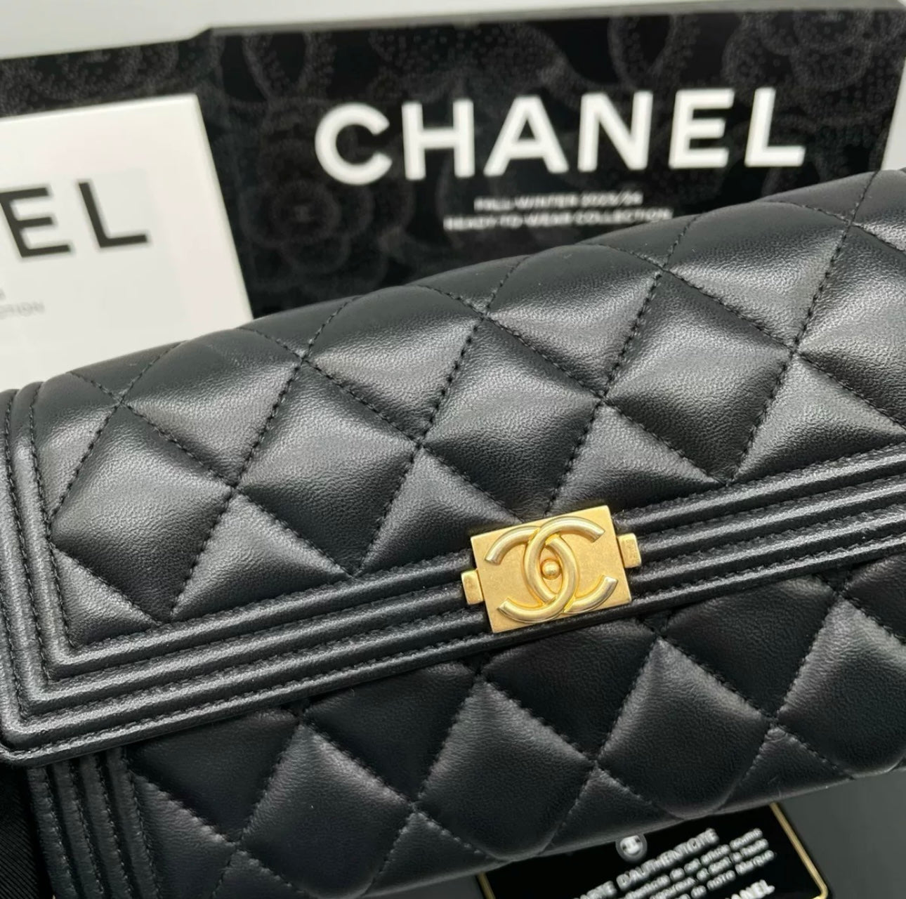 Auth Chanel CF black and gold sheepskin flap wallet bag