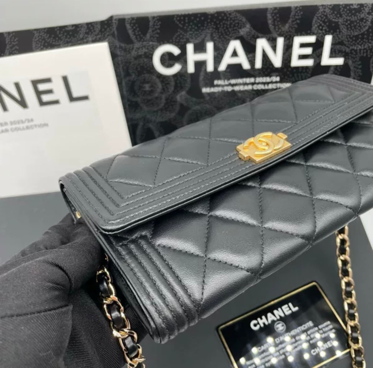 Auth Chanel CF black and gold sheepskin flap wallet bag