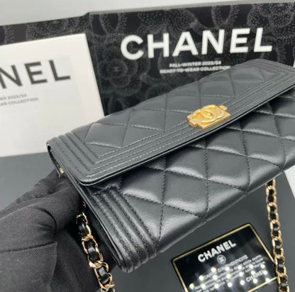 Auth Chanel CF black and gold sheepskin flap wallet bag