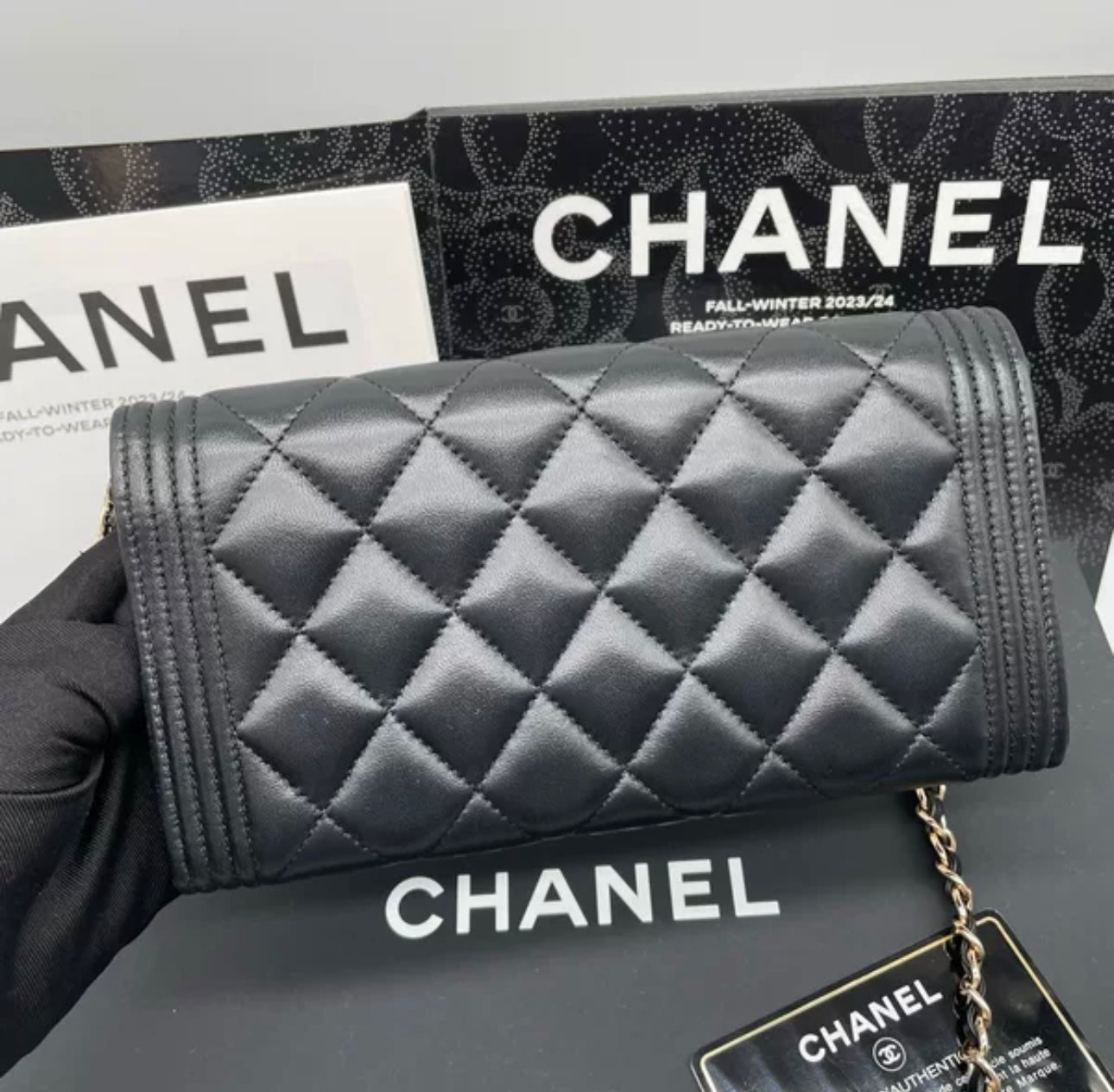 Auth Chanel CF black and gold sheepskin flap wallet bag