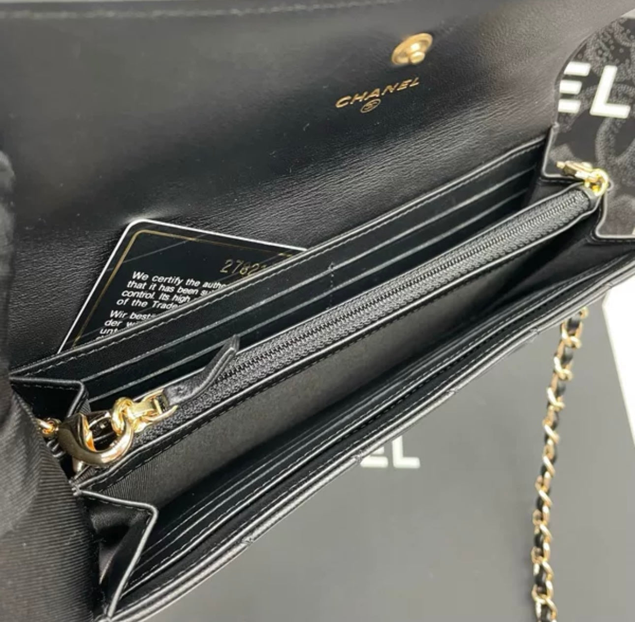 Auth Chanel CF black and gold sheepskin flap wallet bag