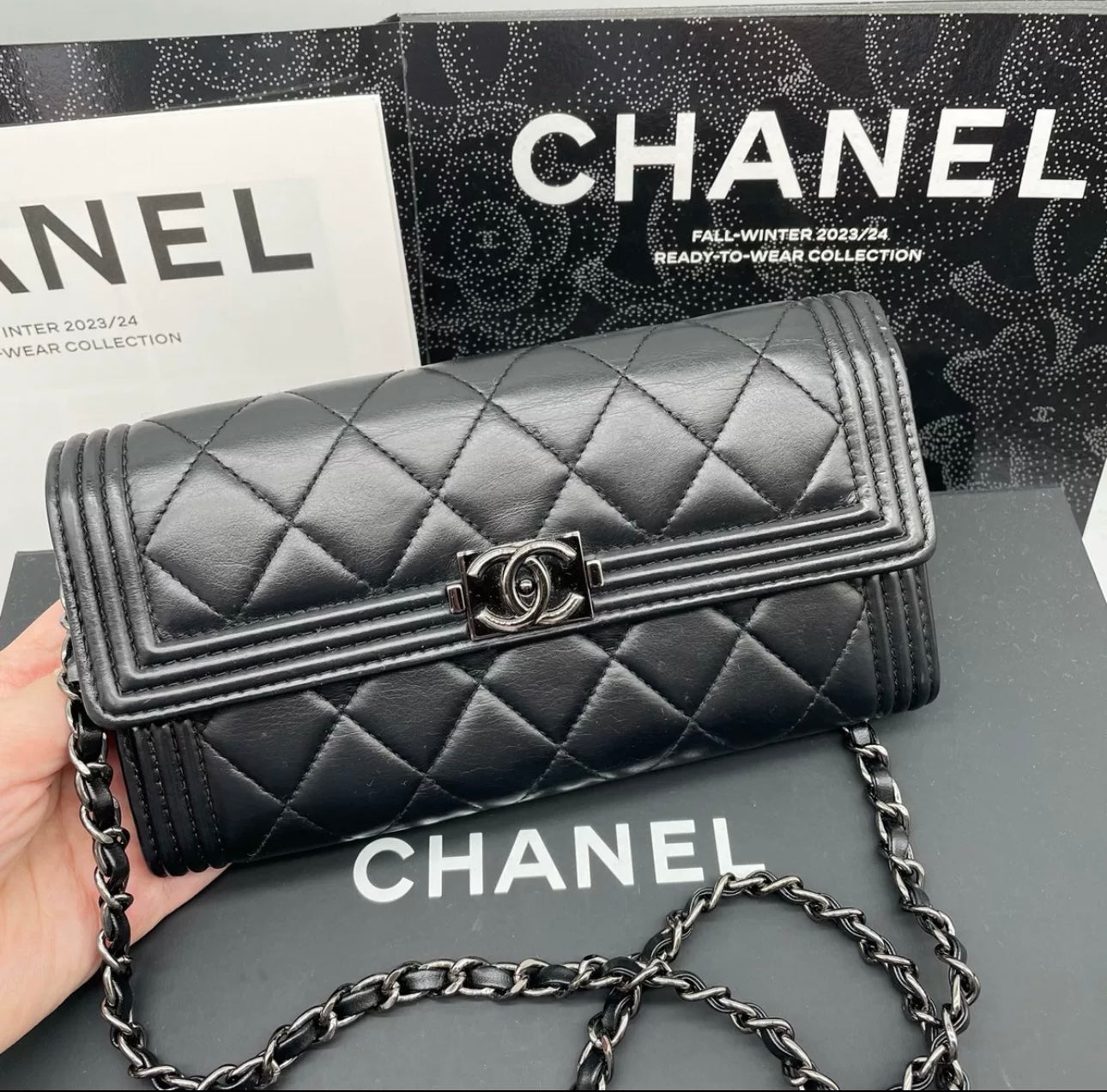 Auth Chanel CF black and Silver sheepskin flap wallet bag