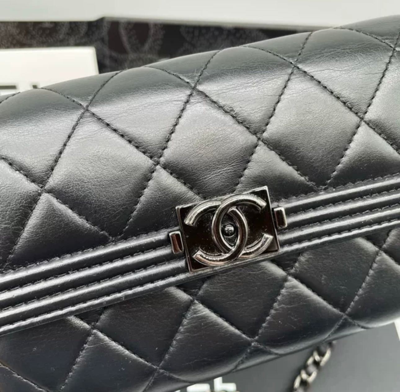 Auth Chanel CF black and Silver sheepskin flap wallet bag