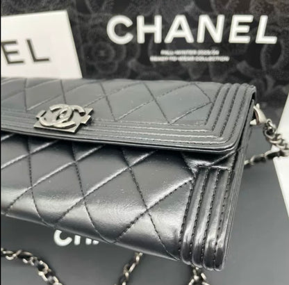 Auth Chanel CF black and Silver sheepskin flap wallet bag