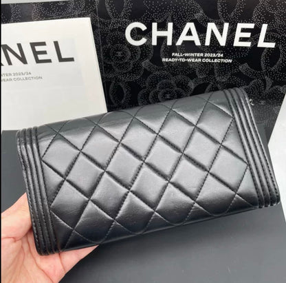 Auth Chanel CF black and Silver sheepskin flap wallet bag