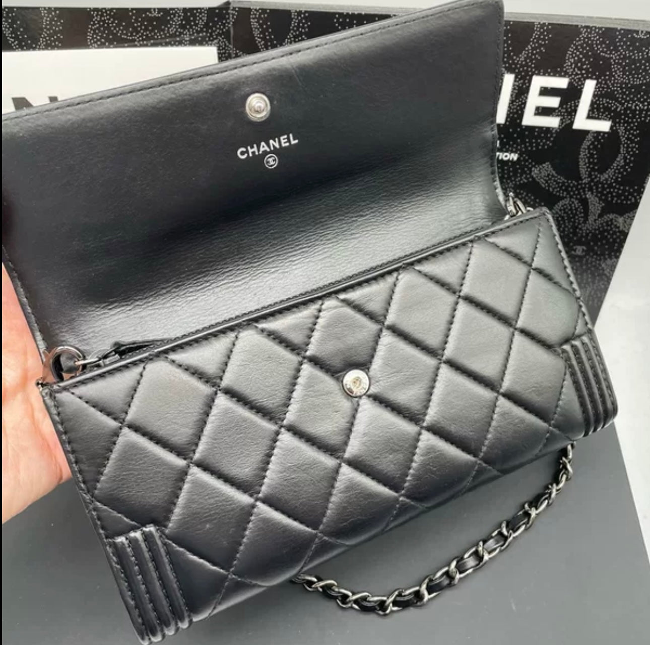 Auth Chanel CF black and Silver sheepskin flap wallet bag