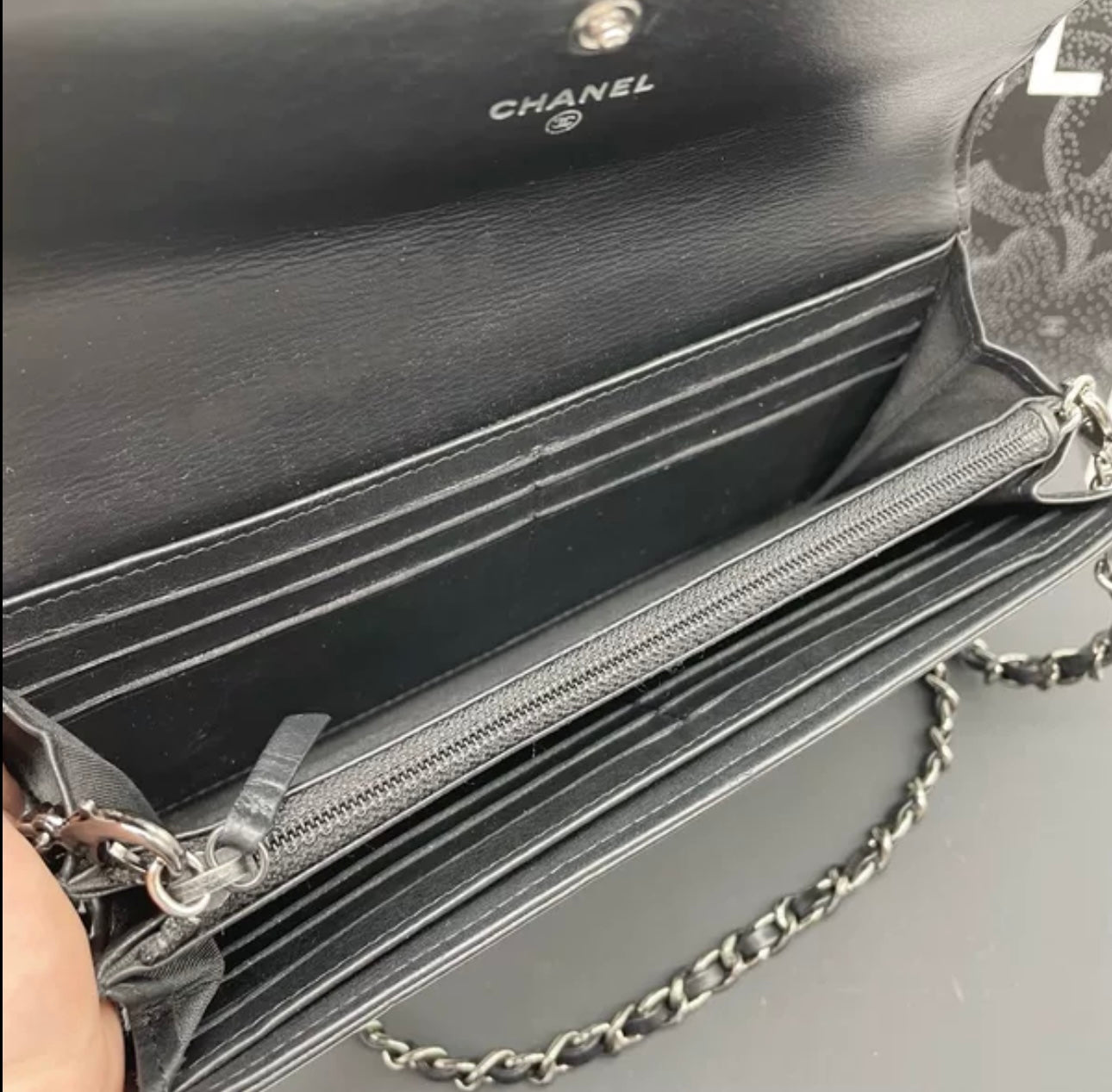 Auth Chanel CF black and Silver sheepskin flap wallet bag