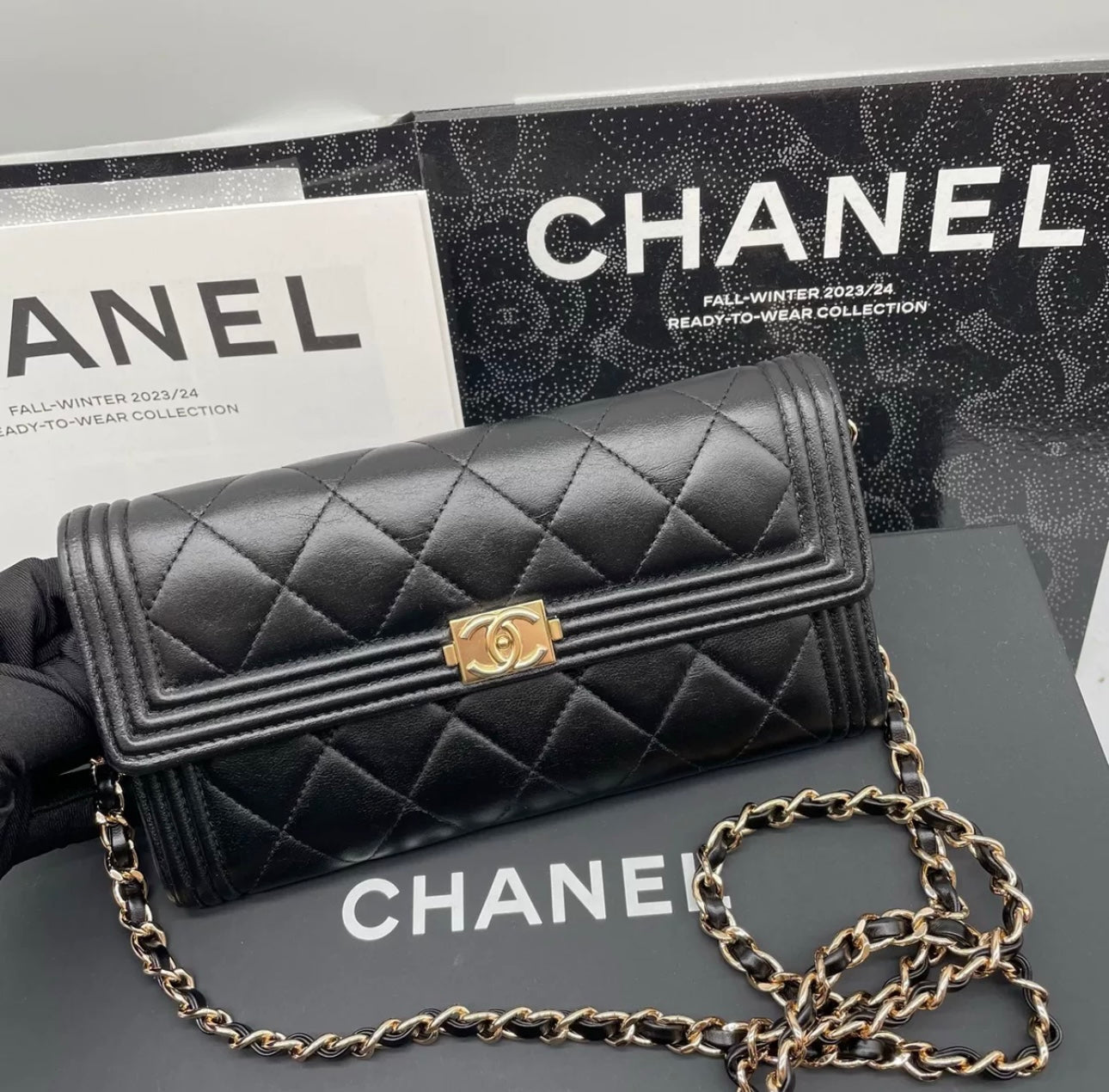 Auth Chanel CF black and gold sheepskin flap wallet bag