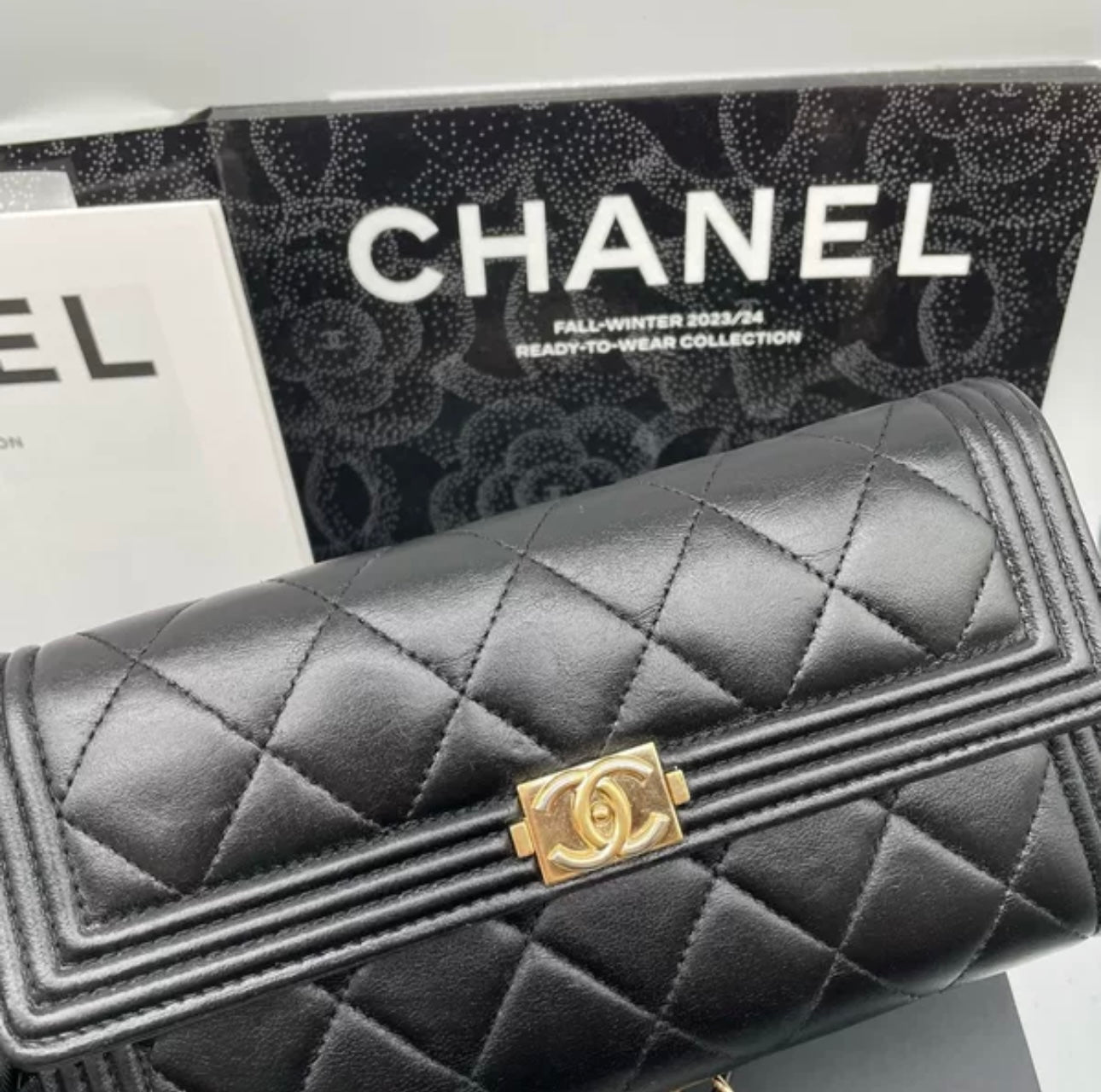 Auth Chanel CF black and gold sheepskin flap wallet bag